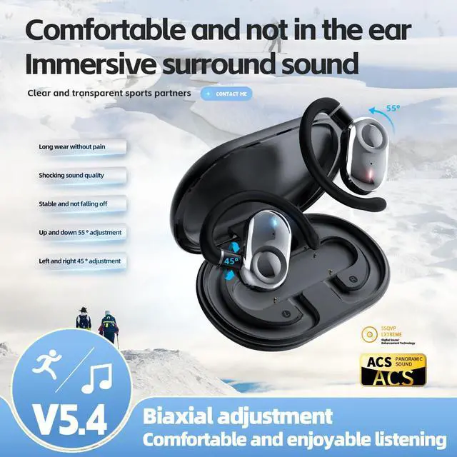 Alt view image 2 of 5 - GGSTOPWATER Open Ear Headphones Wireless Bluetooth 5.4, OWS with Earhooks and Mic,Rotatable Control IPX6 Waterproof, 60H Range, Out of Ear Earbuds for Sports Running Workout Driving(Black)
