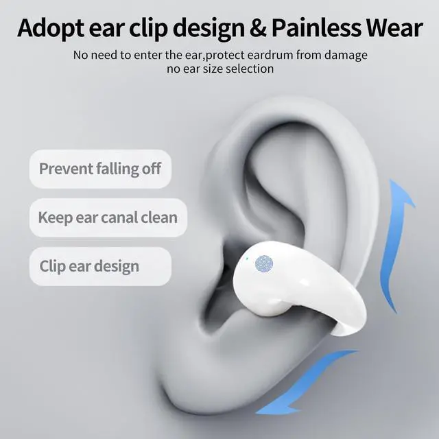 Alt view image 3 of 5 - Open Ear Clip on Headphones, Wireless Earbuds Bluetooth 5.3 Sport Earphones Built-in Mic with Ear Hooks 36H Playtime Ear Buds LED Display Charging Case, Waterproof Design for Running Fitness, White