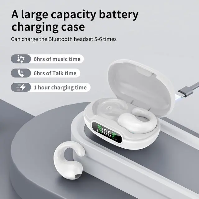 Alt view image 4 of 5 - Open Ear Clip on Headphones, Wireless Earbuds Bluetooth 5.3 Sport Earphones Built-in Mic with Ear Hooks 36H Playtime Ear Buds LED Display Charging Case, Waterproof Design for Running Fitness, White