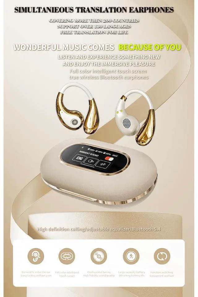 Alt view image 2 of 5 - AI Translation Earbuds Real-time, Languages Translating Headphones OWS Open Ear Wireless Sport Earphones with Smart Touch Screen, 3-in-1 Translator Headsets Devices for Travel Business Learning