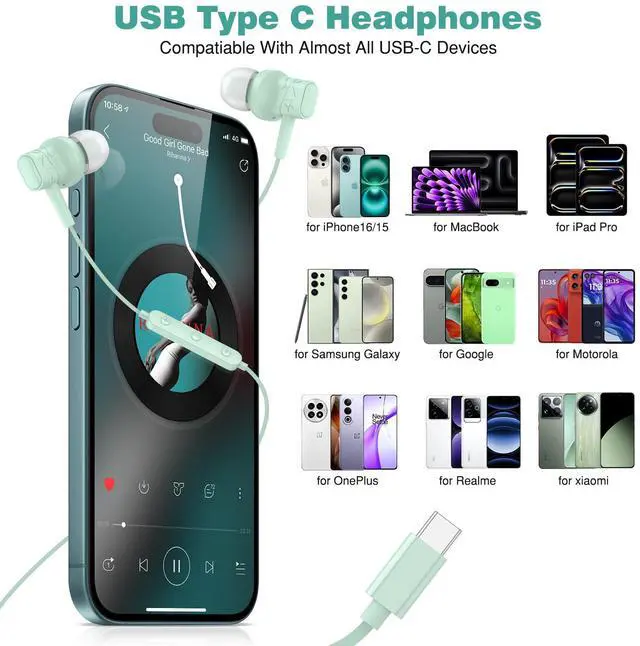 Alt view image 5 of 5 - ELOLOHI USB C Headphones for iPhone 16 Pro Max, Wired Earbuds Magnetic in-Ear Type C Earphone with Heavy Bass, Wall Mount Stand Holder for Echo Spot 2024 Black