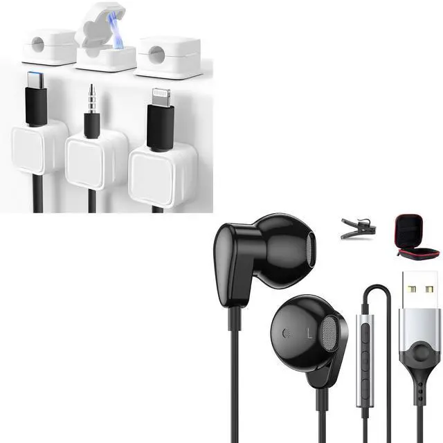 Main image of USB Earphones for PC & Magnetic Cable Clips 6 Pack 7.5ft Wired Earbuds Noise Canceling Half in-Ear Computer USB A Headphones Cord Holder Thickened Secure Adhesive Cord Organizer Desk Cable Management