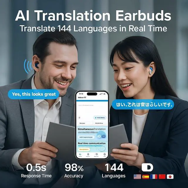 Alt view image 3 of 5 - AI Translation Earbuds Real Time,144 Language Translator Earbuds for iPhone & Android, Translation Headphones 3 in 1 Calls/Music/Translator, Bluetooth 5.4, Waterproof, Black.