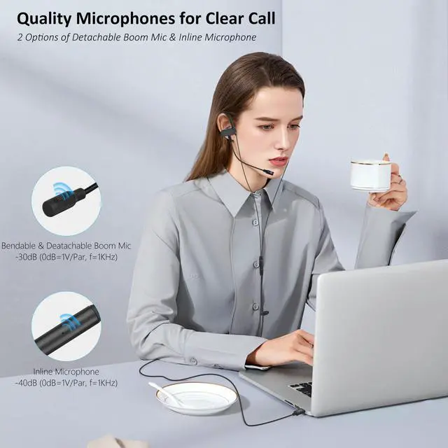 Alt view image 2 of 5 - USB C & USB A Earbuds with Boom Mic for Smartphones & Computers, Wired USB C In-ear Headset with Wrap-Around Ear Hooks, Dual Mic Earbuds, 5.9FT - Perfect for Calling, Meeting, Work and Gaming
