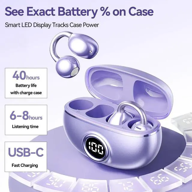 Alt view image 3 of 5 - ACEMO Bluetooth Headphones Wireless Earbuds Earphones HiFi Stereo 40H Playtime Open-Ear Earbud Ear Clip with LED Power Display Waterproof Fitness Running Workout Headphones for Android iOS, Purple