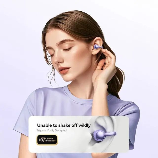 Alt view image 2 of 5 - ACEMO Bluetooth Headphones Wireless Earbuds Earphones HiFi Stereo 40H Playtime Open-Ear Earbud Ear Clip with LED Power Display Waterproof Fitness Running Workout Headphones for Android iOS, Purple