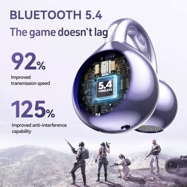 Alt view image 4 of 5 - ACEMO Bluetooth Headphones Wireless Earbuds Earphones HiFi Stereo 40H Playtime Open-Ear Earbud Ear Clip with LED Power Display Waterproof Fitness Running Workout Headphones for Android iOS, Purple