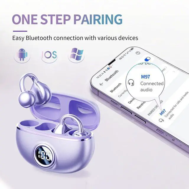 Alt view image 5 of 5 - ACEMO Bluetooth Headphones Wireless Earbuds Earphones HiFi Stereo 40H Playtime Open-Ear Earbud Ear Clip with LED Power Display Waterproof Fitness Running Workout Headphones for Android iOS, Purple