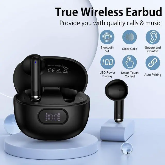 Alt view image 2 of 5 - Wireless Earbuds Bluetooth Headphones, Ear Buds with Deep Bass, 60H Long Playtime, LED Power Display, IP7 in Ear Earphone with Mic for iPhone 16 15 Samsung S25 A56 Android Phones Sports Workout, Black