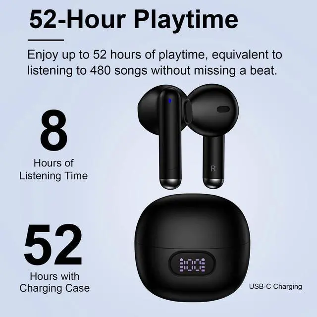 Alt view image 3 of 5 - Wireless Earbuds Bluetooth Headphones, Ear Buds with Deep Bass, 60H Long Playtime, LED Power Display, IP7 in Ear Earphone with Mic for iPhone 16 15 Samsung S25 A56 Android Phones Sports Workout, Black