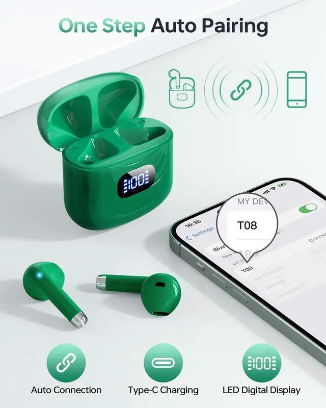 Alt view image 2 of 5 - KTGEE Wireless Earbuds Bluetooth 5.3 Headphones, 40Hrs Playback Stereo Ear Buds with LED Display Charging Case IPX7 Waterproof in-Ear EarphonesBlack Green