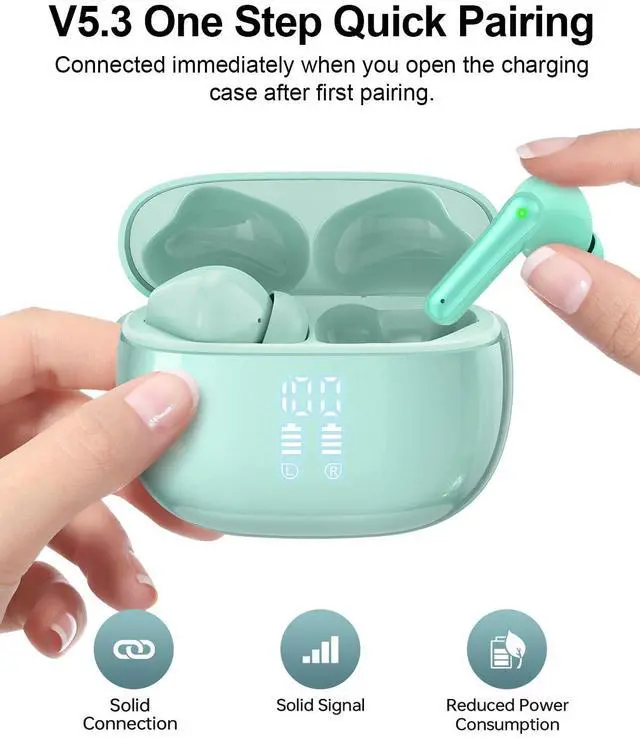 Alt view image 3 of 5 - HUIFU Ear Buds Wireless Earbuds - Bluetooth Headphones 40H Playtime LED Display Deep Bass Stereo in-Ear Earphones with IPX7 Waterproof, Light Green
