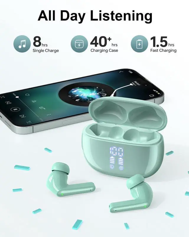 Alt view image 5 of 5 - HUIFU Ear Buds Wireless Earbuds - Bluetooth Headphones 40H Playtime LED Display Deep Bass Stereo in-Ear Earphones with IPX7 Waterproof, Light Green