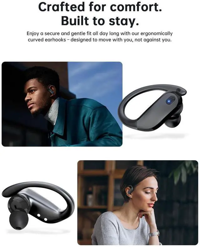 Alt view image 2 of 5 - NDO Wireless Earbuds Bluetooth 5.3 Headphones Sport,IPX7 Waterproof Sports Earphones with Earhooks,48H Playtime,Lightweight 7.8g,Fast Charging Case,Noise Cancelling Mic for Running Gym Workout-Black