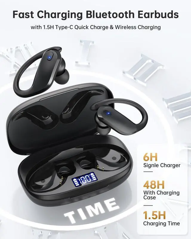 Alt view image 4 of 5 - NDO Wireless Earbuds Bluetooth 5.3 Headphones Sport,IPX7 Waterproof Sports Earphones with Earhooks,48H Playtime,Lightweight 7.8g,Fast Charging Case,Noise Cancelling Mic for Running Gym Workout-Black
