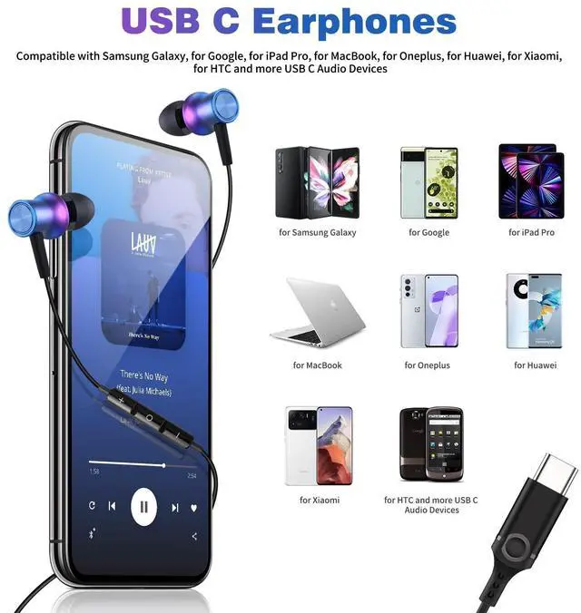 Alt view image 2 of 5 - COOYA for Samsung Galaxy A35 Wallet Case Flip Card Holder+USB C Headphones HiFi Stereo Type-C Wired Earbuds Gradient Purple Blue