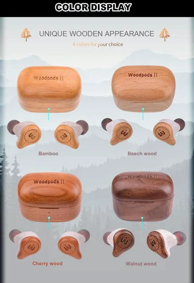 Alt view image 4 of 5 - True Wireless Earbuds TWS - Real Wood Crafted Case and Finishment, USB-C Charging Case, Long Lasting Battery, Built-in Mic, Confortable, Touch Controls, for iPhone, Android, PC, (Cherry)