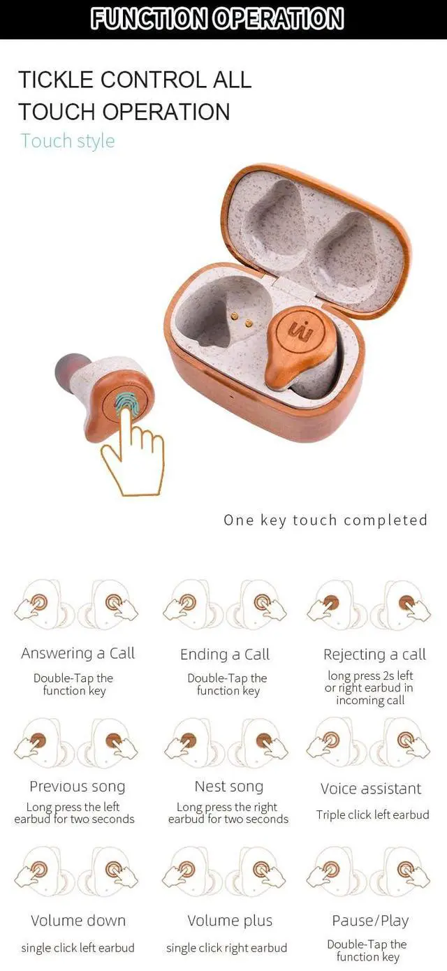 Alt view image 5 of 5 - True Wireless Earbuds TWS - Real Wood Crafted Case and Finishment, USB-C Charging Case, Long Lasting Battery, Built-in Mic, Confortable, Touch Controls, for iPhone, Android, PC, (Cherry)