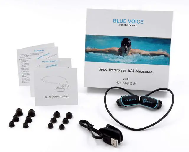 Alt view image 2 of 5 - Blue Voice Waterproof MP3 Player Underwater Headphones for Swimming Wrap Around Earbuds 8GB Memory Swim Headset USB Rechargeable IPX8 Earbuds Water Proof for Gym Jogging Running Swimming black