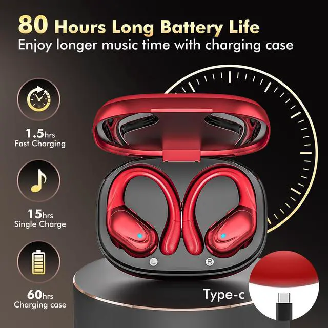Alt view image 2 of 5 - Catitru Wireless Earbuds Bluetooth Headphones 80H Playback Ear Buds Power Display with Noise Canceling Mic with Earhooks for Sports/Workout - Red