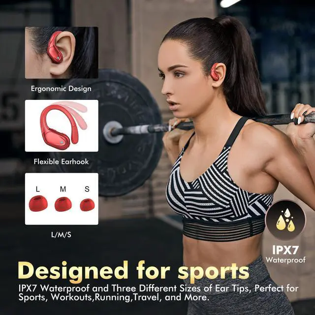 Alt view image 5 of 5 - Catitru Wireless Earbuds Bluetooth Headphones 80H Playback Ear Buds Power Display with Noise Canceling Mic with Earhooks for Sports/Workout - Red