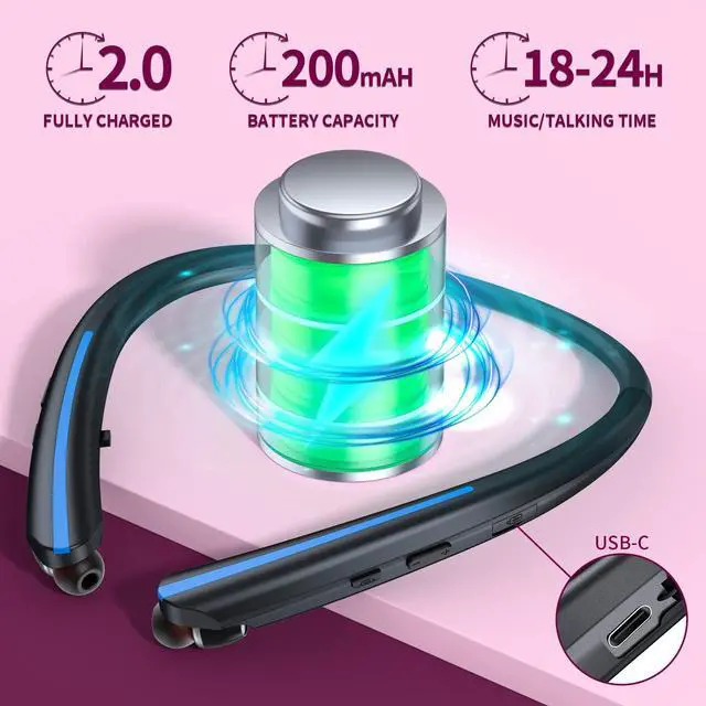 Alt view image 3 of 5 - Bluetooth Headphones Neckband Retractable, Wireless Earbuds IPX5 Sweatproof, Bluetooth Headset with Microphone Vibration Call, Stereo Noise Cancelling Earphones for Workout Sports Driving (black blue)