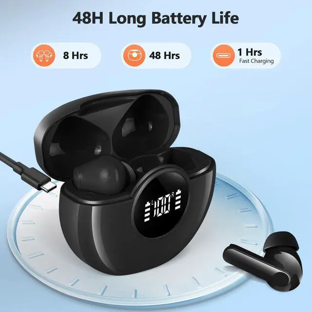 Alt view image 4 of 5 - Wireless Earbuds 2025 NEW Bluetooth 5.4 Headphones Bass 3D Stereo, In-Ear Earphones with 4 ENC Noise Cancelling Mic, 48H Playtime with LED Display, IPX7 Waterproof for Laptop Pad Android iOS, Black