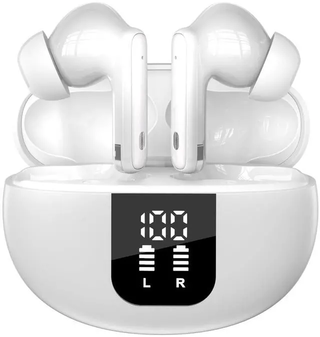 Main image of BUABMEQ Wireless Earbuds, Bluetooth Headphones in-Ear Earphones with 4 HD Mic, USB-C LED Display IP7 Waterproof Sport Headset for Android iOS, White