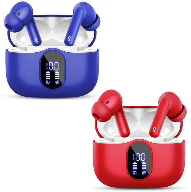 Main image of 2 Sets Wireless Earbuds, Bluetooth 5.3 Headphones Bass Stereo, Ear Buds with Noise Cancelling Mic LED Display, IP7 Waterproof in Ear Earphones, 36H Playtime for Laptop Pad Phones, Blue+Red