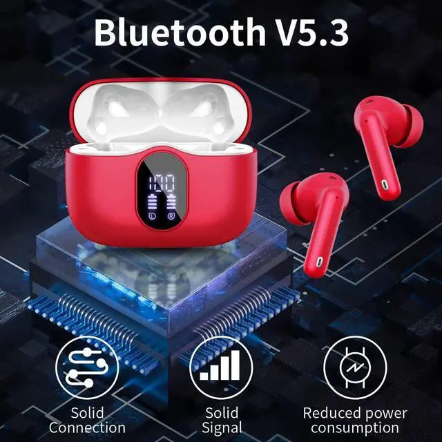 Alt view image 4 of 5 - 2 Sets Wireless Earbuds, Bluetooth 5.3 Headphones Bass Stereo, Ear Buds with Noise Cancelling Mic LED Display, IP7 Waterproof in Ear Earphones, 36H Playtime for Laptop Pad Phones, Blue+Red