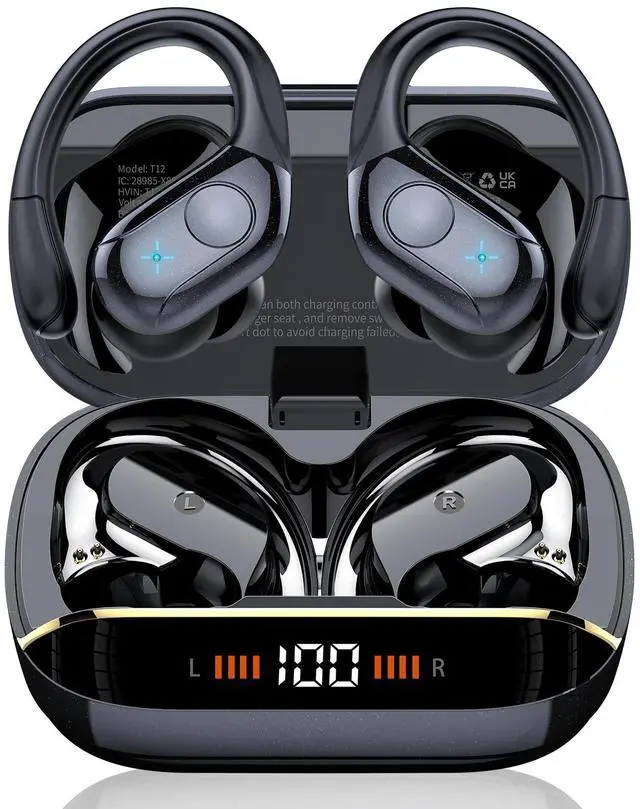 Main image of Qecnato Wireless Earbuds Bluetooth 5.4 Headphones 75H Stereo Deep Bass Sports Over Ear Buds with Earhooks, LED Display Bluetooth Earbuds with 4 ENC Mic, IP7 Waterproof Earphone for Running, Black