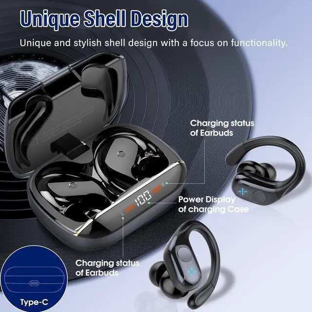 Alt view image 5 of 5 - Qecnato Wireless Earbuds Bluetooth 5.4 Headphones 75H Stereo Deep Bass Sports Over Ear Buds with Earhooks, LED Display Bluetooth Earbuds with 4 ENC Mic, IP7 Waterproof Earphone for Running, Black