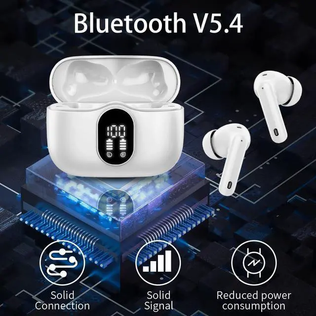 Alt view image 4 of 5 - Wireless Earbuds Bluetooth 5.4 Headphones Bass Stereo Ear Buds with Noise Cancelling Mic LED Display in Ear Earphones IP7 Waterproof 36H Playtime for Laptop Pad Phones Sports Workout White