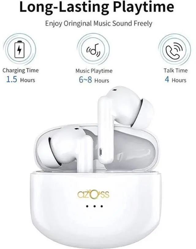 Alt view image 2 of 5 - Azoss Wireless Earbuds with Active Noise Cancellation, Bluetooth 5.3, 48H Playtime, Clip-On Design, White - Waterproof, Mic for Hands-Free Calls for iPhone, Android, Pad, Sports, Workout