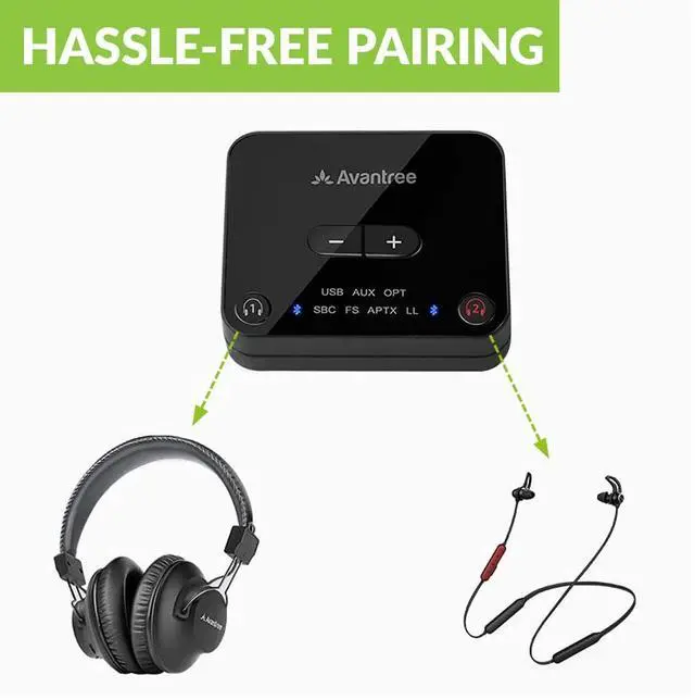 Alt view image 4 of 5 - Avantree D4169 Dual Wireless Headphones & Earbuds Set for TV Watching with Bluetooth Transmitter, Personalized Volume Control, Plug-n-Play, No Audio Delay