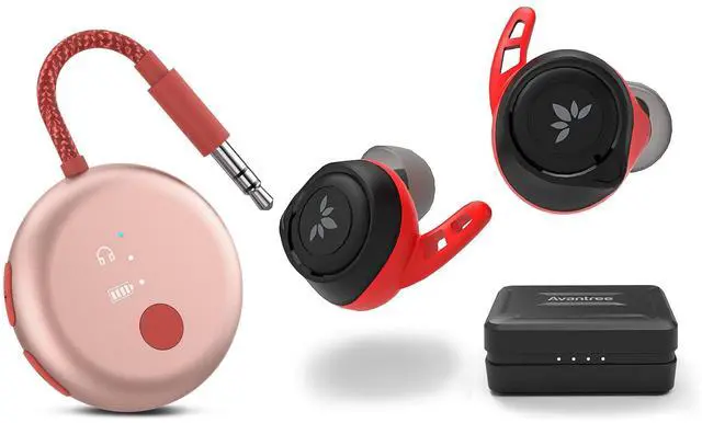 Main image of Avantree SoundJet R1 & Wireless Earbuds - Airplane Bluetooth Adapter for Headphones & AirPods Travel Flight, aptX Adaptive, SweatProof Bluetooth Earbuds with Ear Fins for Secure Fit