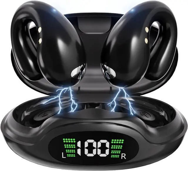 Main image of Wireless Bluetooth 5.3 Open Ear Bone Conduction Headphones, 60 Hrs Battery, 4 Mics, LED Display, IPX7 Waterproof,Clip On Earbuds Charging Case Sports Earphones for Running, Walking, Workout(Black)