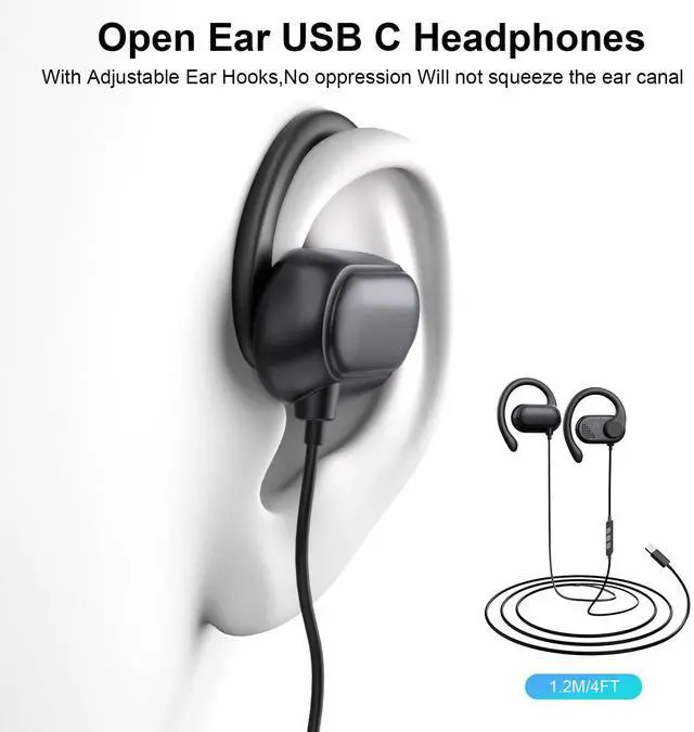 Alt view image 2 of 5 - USB C Over Ear Headphones for iPhone 16 Pro Max Samsung S25 S24 Ultra,Wired Open Ear Headphones Ear Buds with Ear Hooks Type-C Open-fit Earphones for iPhone 16e 15 Plus iPad 10 11 Pixel 9a XL 8