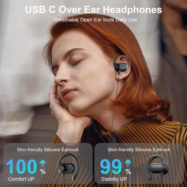 Alt view image 3 of 5 - USB C Over Ear Headphones for iPhone 16 Pro Max Samsung S25 S24 Ultra,Wired Open Ear Headphones Ear Buds with Ear Hooks Type-C Open-fit Earphones for iPhone 16e 15 Plus iPad 10 11 Pixel 9a XL 8