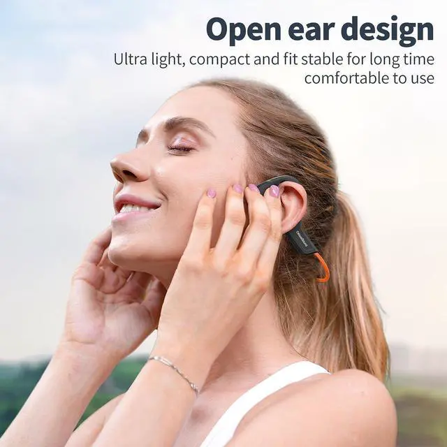 Alt view image 2 of 5 - Bone Conduction Headphones,Upgraded IPX7 Waterproof Wireless Earbuds,Open Ear Headphones Bluetooth 5.3 with Mic,10H Playtime for Running,Cycling,Hiking,Gym,Workout. (Orange)