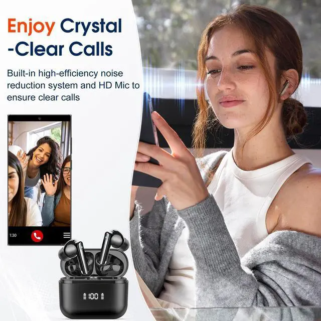 Alt view image 5 of 5 - Wireless Earbuds, Bluetooth 5.3 Headphones Stereo Bass with Noise Cancelling Mic, 48Hrs Playtime in Ear Ear Buds with LED Power Display Charging Case, IPX7 Waterproof Earphones for Android iOS Sports