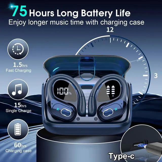 Alt view image 2 of 5 - Aptkdoe 2 Sets Wireless Earbuds Sport, Bluetooth 5.4 Over Ear Buds Stereo Deep Bass Over Ear Bud with Earhooks, 75H Wireless Earphones with Mic, IPX7 Waterproof Earphone for Sports Blue+Rose Gold