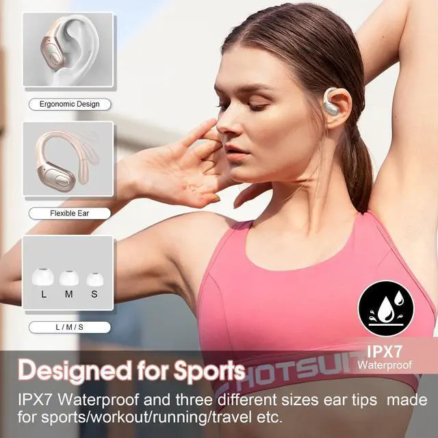 Alt view image 3 of 5 - Aptkdoe 2 Sets Wireless Earbuds Sport, Bluetooth 5.4 Over Ear Buds Stereo Deep Bass Over Ear Bud with Earhooks, 75H Wireless Earphones with Mic, IPX7 Waterproof Earphone for Sports Blue+Rose Gold