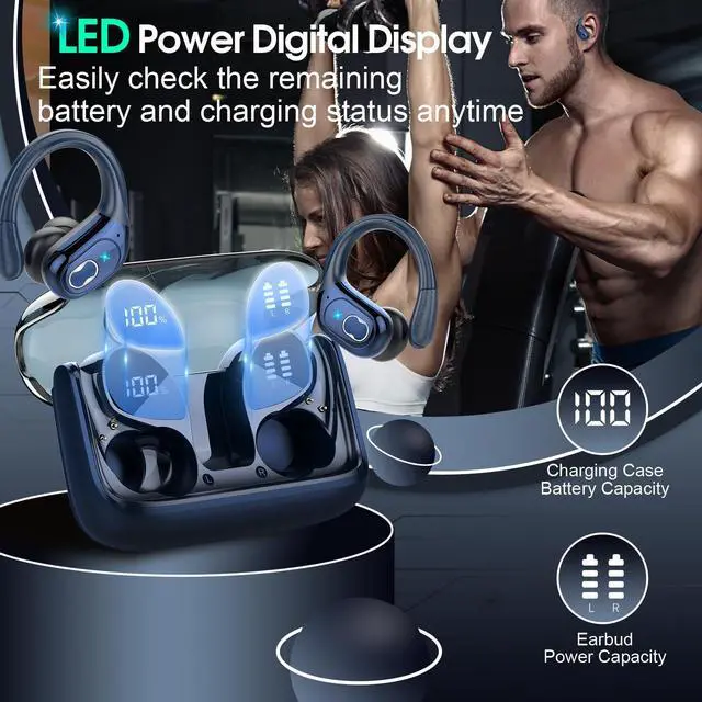 Alt view image 5 of 5 - Aptkdoe 2 Sets Wireless Earbuds Sport, Bluetooth 5.4 Over Ear Buds Stereo Deep Bass Over Ear Bud with Earhooks, 75H Wireless Earphones with Mic, IPX7 Waterproof Earphone for Sports Blue+Rose Gold