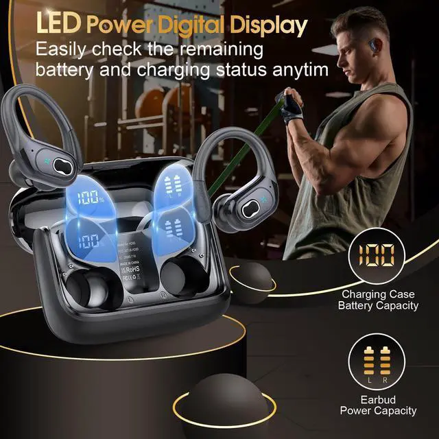 Alt view image 2 of 5 - Aptkdoe 2 Sets Wireless Earbuds Sport, Bluetooth 5.4 Over Ear Buds Stereo Deep Bass Over Ear Bud with Earhooks, 75H Wireless Earphones with Mic, IPX7 Waterproof Earphone for Sports Black+Blue