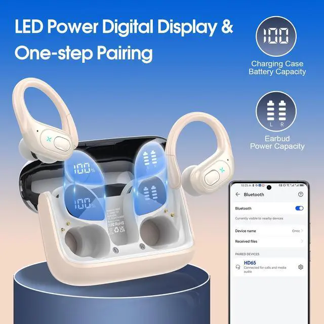 Alt view image 4 of 5 - Aptkdoe Wireless Earbuds 75hrs Bluetooth 5.4 Headphone Sport, 2025 Bluetooth Earbuds Stereo Deep Bass Over Ear Bud with Earhooks, ENC Noise Cancelling Mic, IPX7 Waterproof Earphone, Khaki