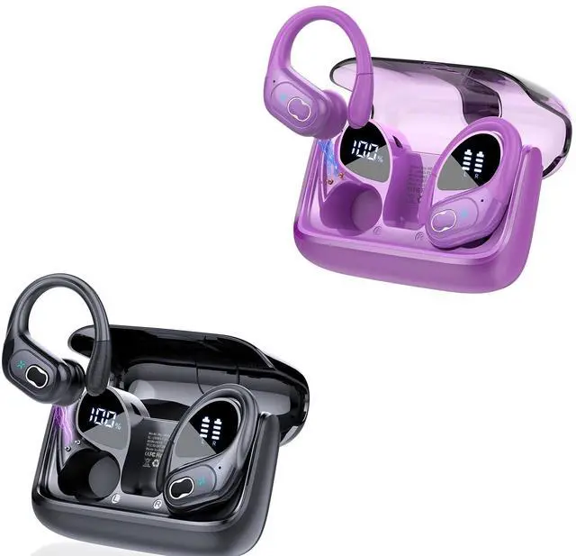 Main image of Aptkdoe 2 Sets Wireless Earbuds Sport, Bluetooth 5.4 Over Ear Buds Stereo Deep Bass Over Ear Bud with Earhooks, 75H Wireless Earphones with Mic, IPX7 Waterproof Earphone for Sports Black+Purple