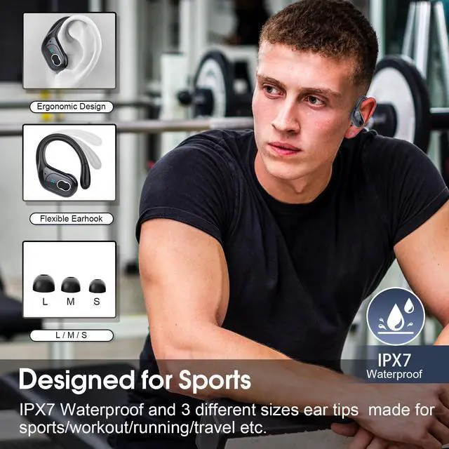 Alt view image 2 of 5 - Aptkdoe 2 Sets Wireless Earbuds Sport, Bluetooth 5.4 Over Ear Buds Stereo Deep Bass Over Ear Bud with Earhooks, 75H Wireless Earphones with Mic, IPX7 Waterproof Earphone for Sports Black+Purple