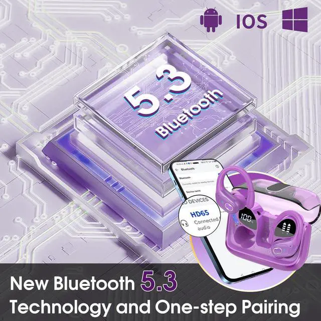 Alt view image 4 of 5 - Aptkdoe 2 Sets Wireless Earbuds Sport, Bluetooth 5.4 Over Ear Buds Stereo Deep Bass Over Ear Bud with Earhooks, 75H Wireless Earphones with Mic, IPX7 Waterproof Earphone for Sports Black+Purple