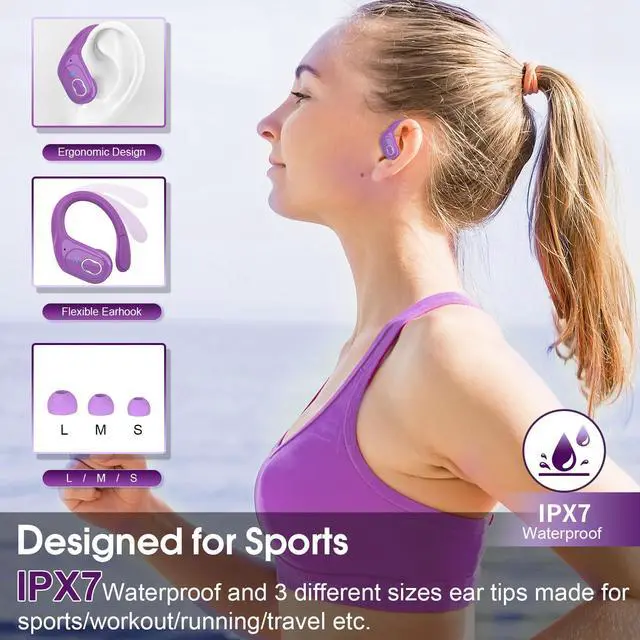 Alt view image 5 of 5 - Aptkdoe 2 Sets Wireless Earbuds Sport, Bluetooth 5.4 Over Ear Buds Stereo Deep Bass Over Ear Bud with Earhooks, 75H Wireless Earphones with Mic, IPX7 Waterproof Earphone for Sports Black+Purple
